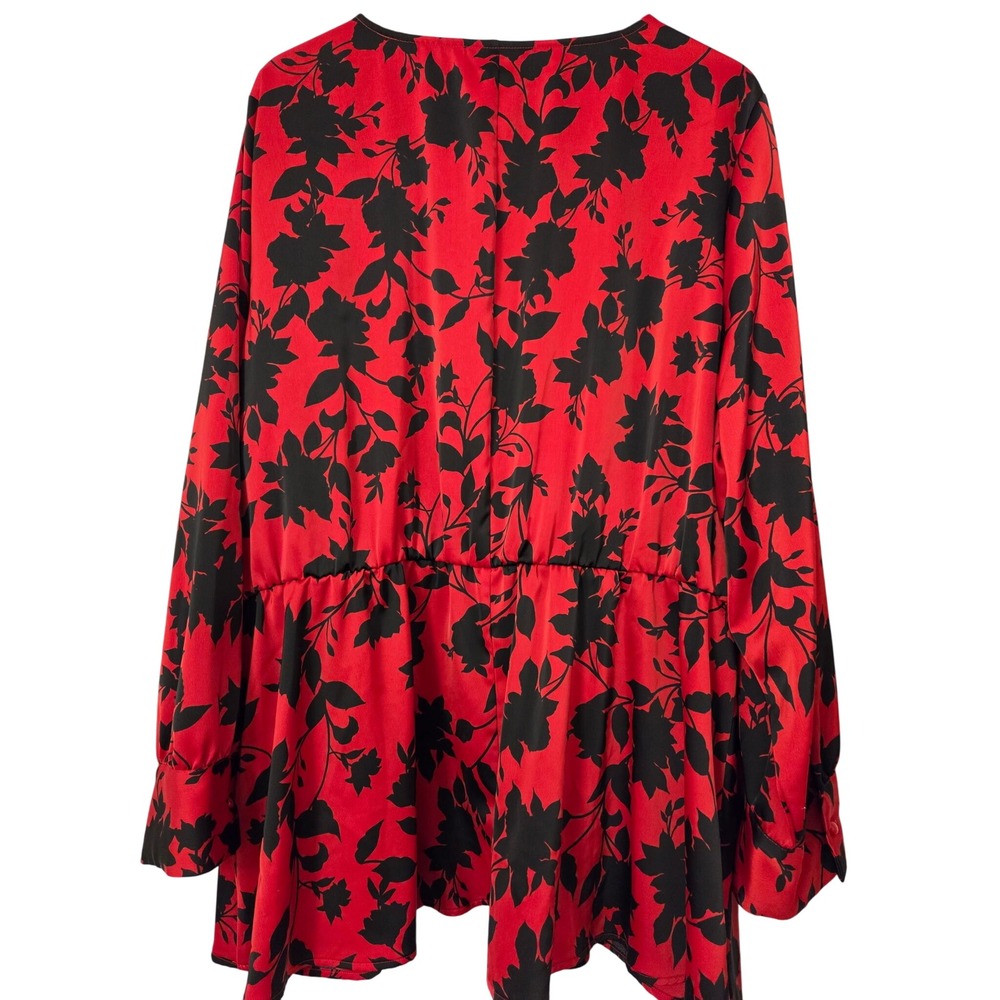 Lane Bryant Red Black Floral Babydoll Tunic Top Long‎ Sleeve Keyhole Size 24
